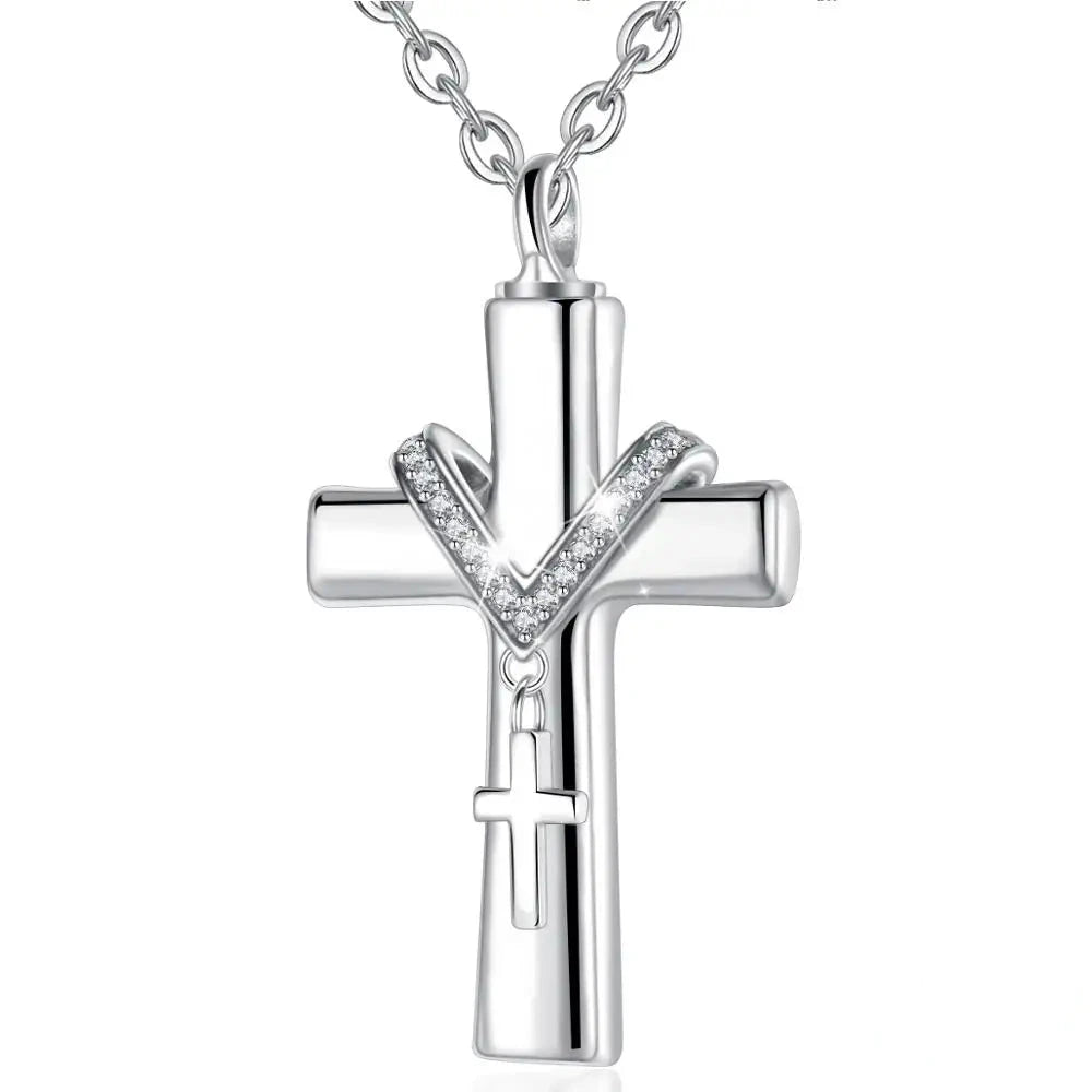 Pendant Cross Shape – Sterling 925 Silver Memorial Jewelry with Zirconia Details and Mini Cross