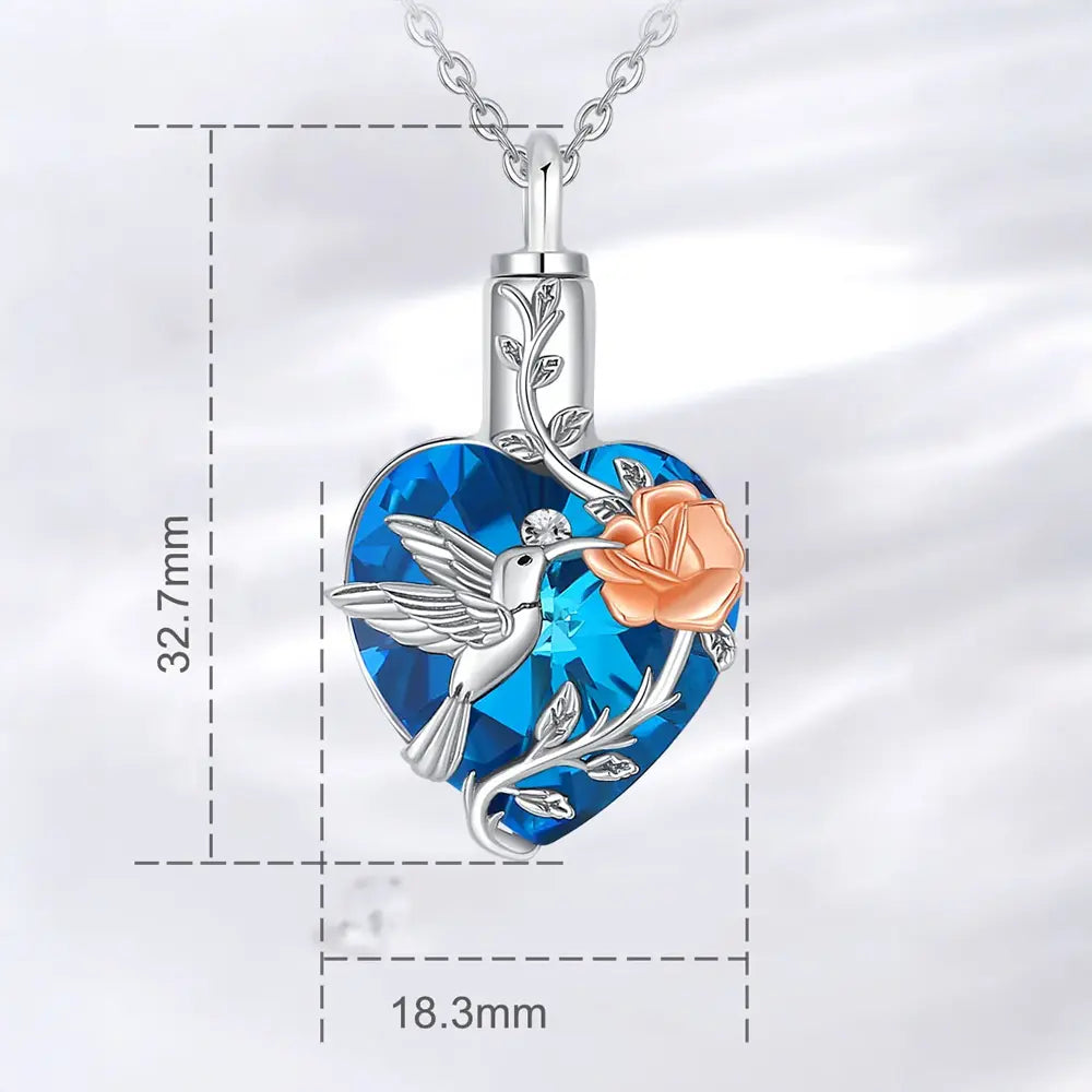 Heart Shape Hummingbird and Rose Ash Pendant – Sterling 925 Silver Memorial Jewelry with Blue Crystal