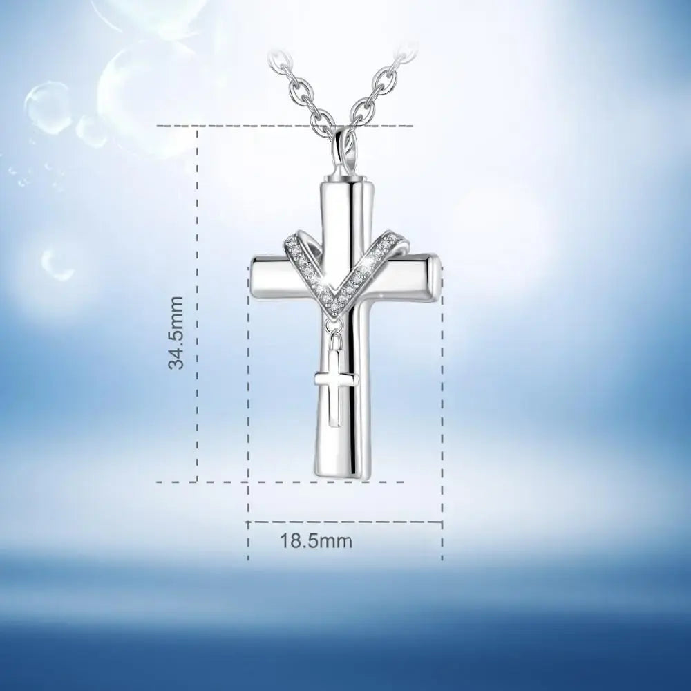 Pendant Cross Shape – Sterling 925 Silver Memorial Jewelry with Zirconia Details and Mini Cross