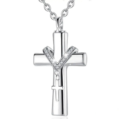 Pendant Cross Shape – Sterling 925 Silver Memorial Jewelry with Zirconia Details and Mini Cross