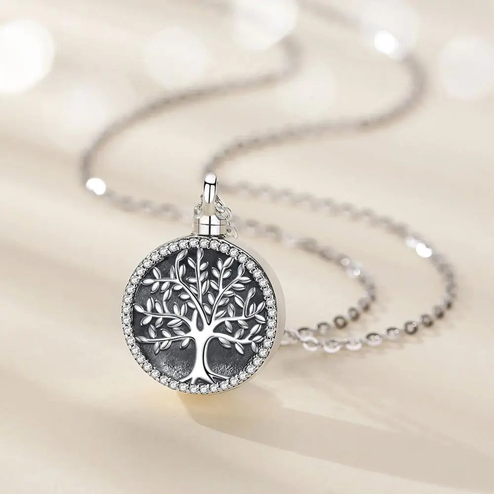 Tree of Life Pendant Round - Sterling 925 Silver Memorial Jewelry with Crystal Edge
