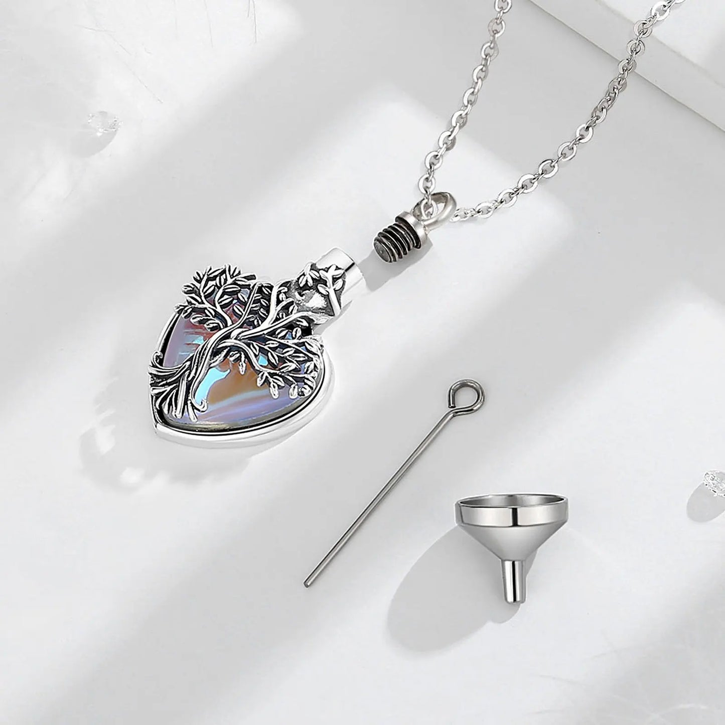 Tree of Life Heart Shape Pendant - Sterling 925 Silver Memorial Jewelry with Moonstone Inlay