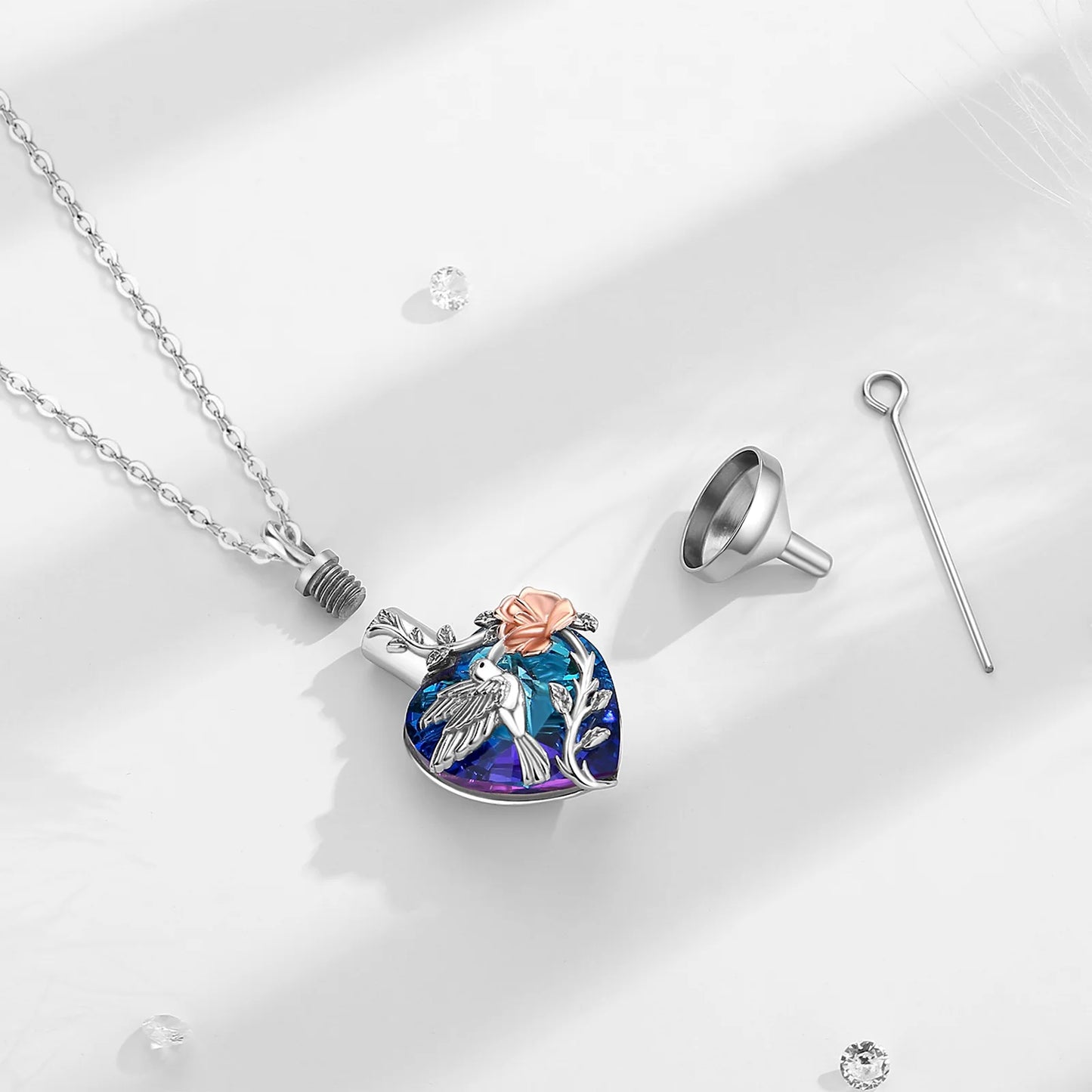 Heart Shape Hummingbird and Rose Ash Pendant – Sterling 925 Silver Memorial Jewelry with Blue Crystal
