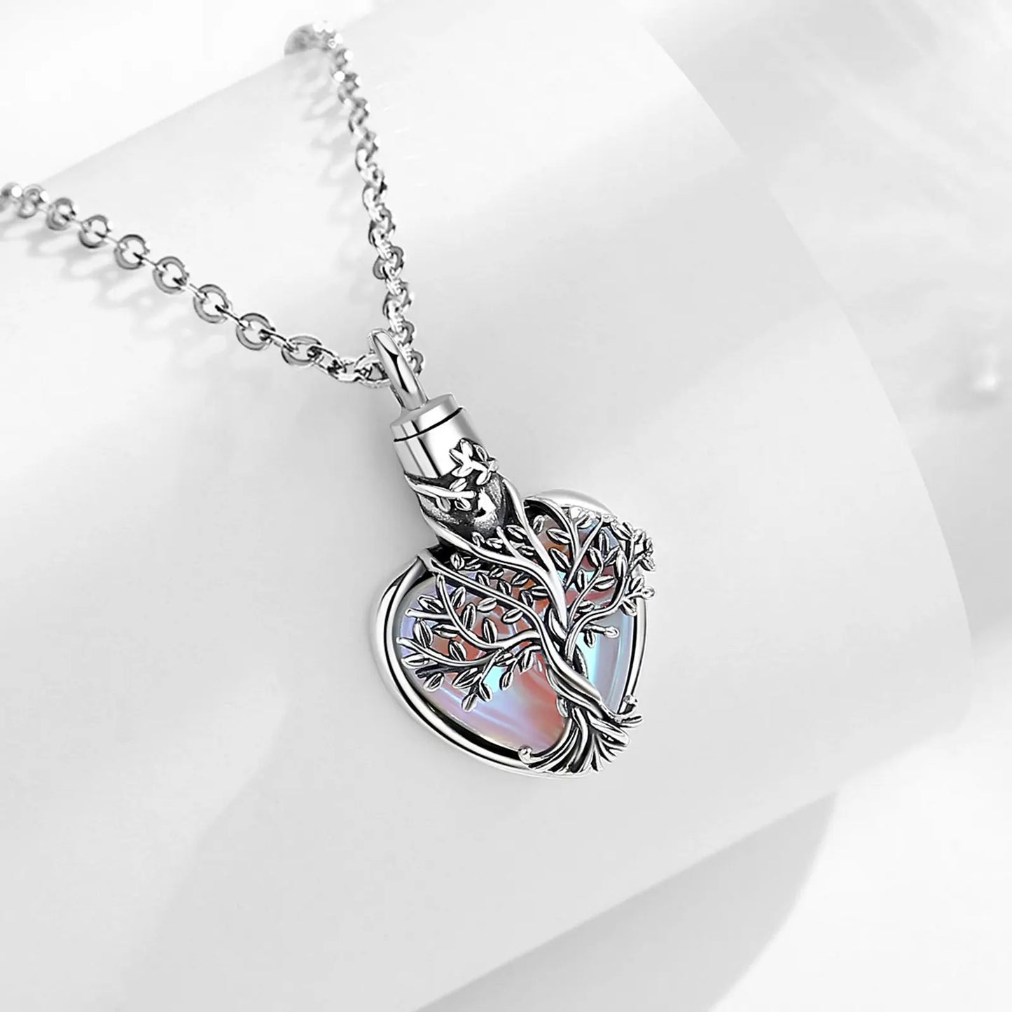 Tree of Life Heart Shape Pendant - Sterling 925 Silver Memorial Jewelry with Moonstone Inlay