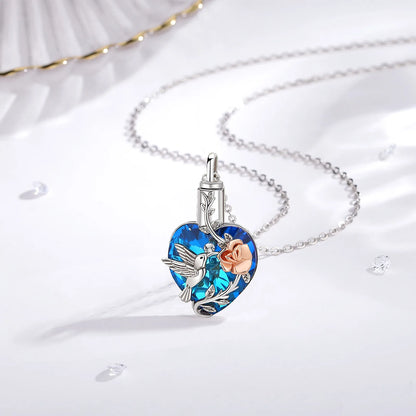 Heart Shape Hummingbird and Rose Ash Pendant – Sterling 925 Silver Memorial Jewelry with Blue Crystal