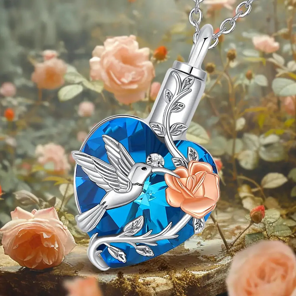 Heart Shape Hummingbird and Rose Ash Pendant – Sterling 925 Silver Memorial Jewelry with Blue Crystal