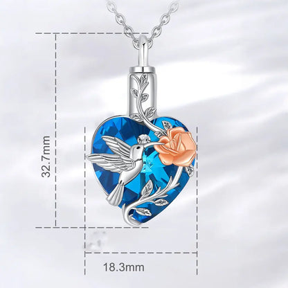 Heart Shape Hummingbird and Rose Ash Pendant – Sterling 925 Silver Memorial Jewelry with Blue Crystal