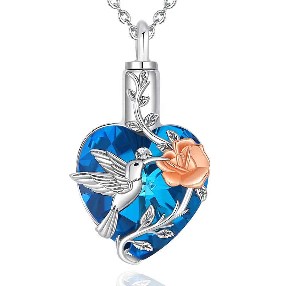 Heart Shape Hummingbird and Rose Ash Pendant – Sterling 925 Silver Memorial Jewelry with Blue Crystal