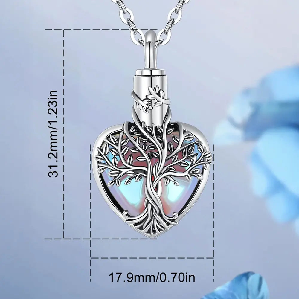 Tree of Life Heart Shape Pendant - Sterling 925 Silver Memorial Jewelry with Moonstone Inlay