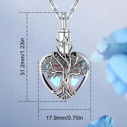 Tree of Life Heart Shape Pendant - Sterling 925 Silver Memorial Jewelry with Moonstone Inlay