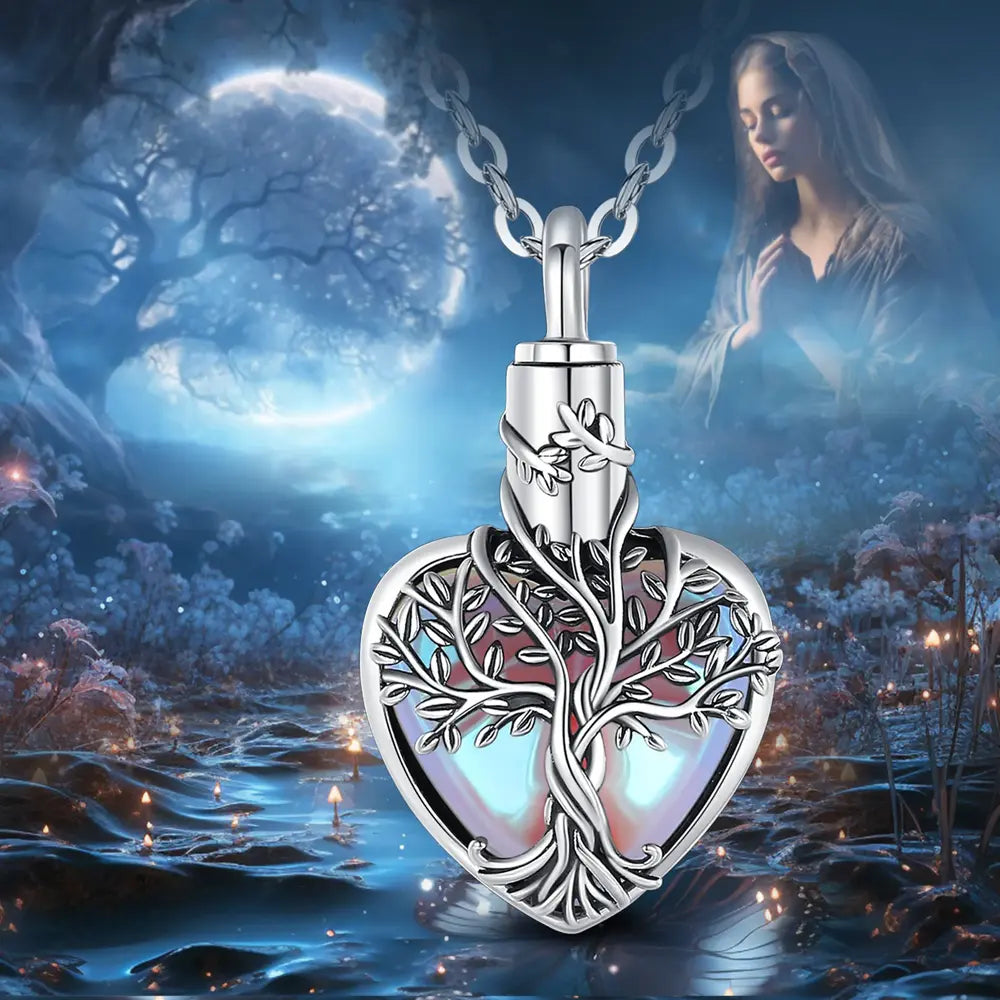 Tree of Life Heart Shape Pendant - Sterling 925 Silver Memorial Jewelry with Moonstone Inlay