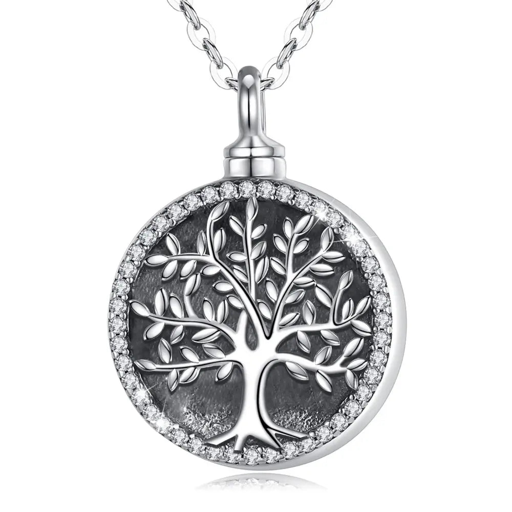 Tree of Life Pendant Round - Sterling 925 Silver Memorial Jewelry with Crystal Edge