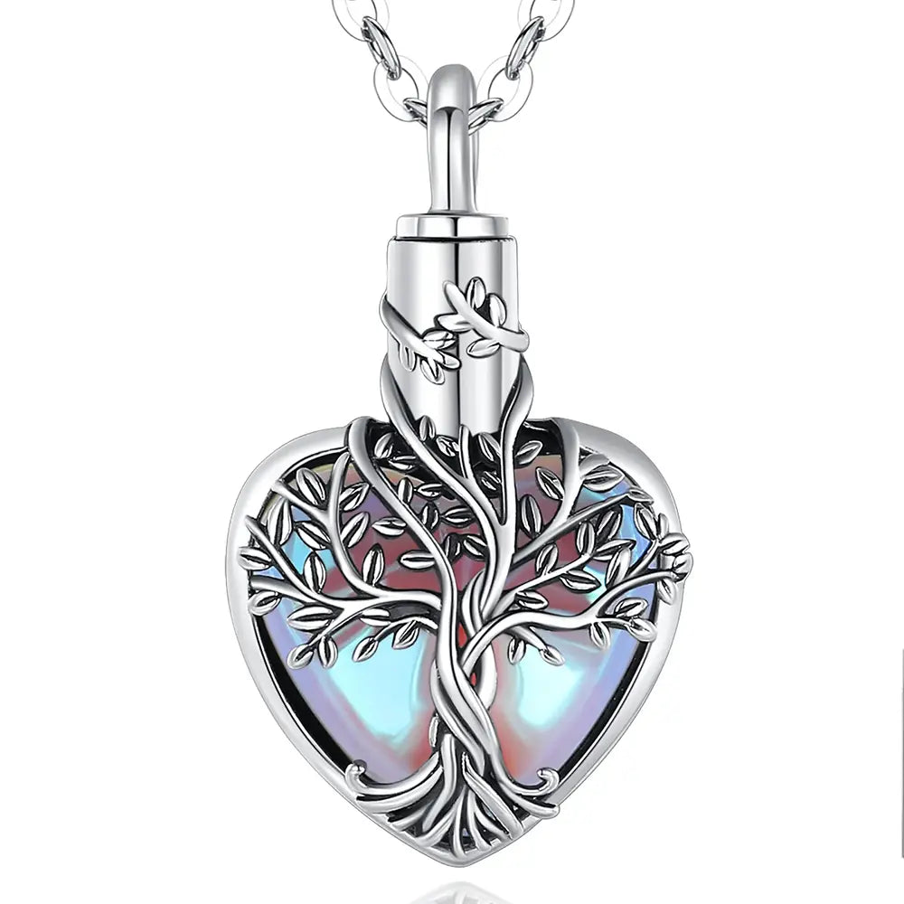 Tree of Life Heart Shape Pendant - Sterling 925 Silver Memorial Jewelry with Moonstone Inlay